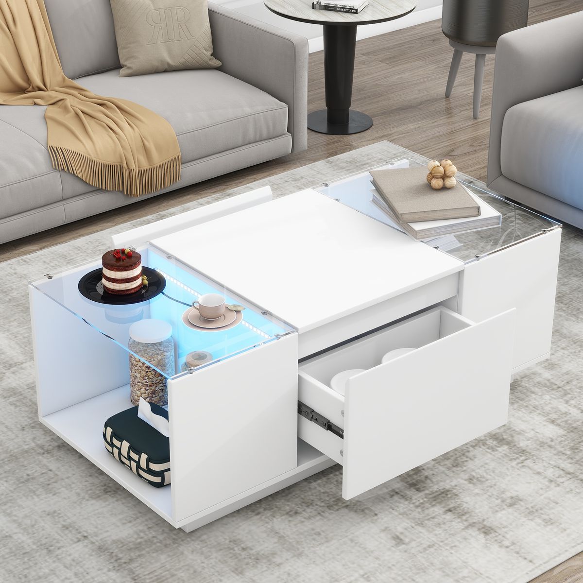 U-Can Led Coffee Table, Modern Center Table with High-Gloss Finish and Glass Tabletop, Coffee Table with Open Storage Compartment and 2 Hidden Drawers  for Living Room
