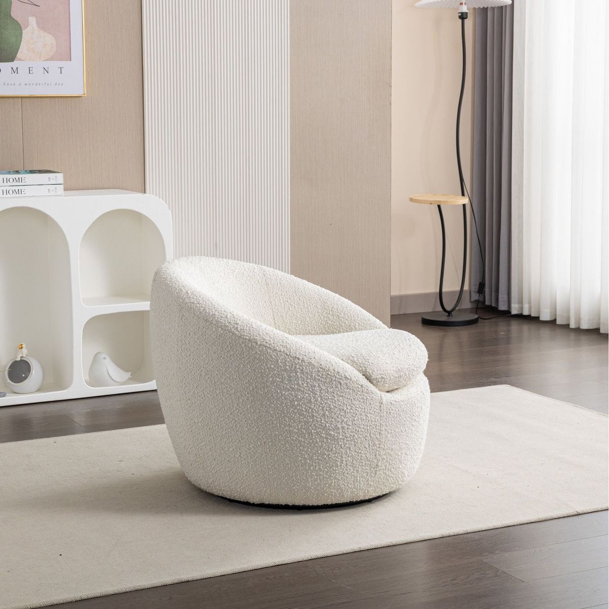 Winnie Modern Teddy Boucle Fabric Barrel Chair, 360 Swivel, White