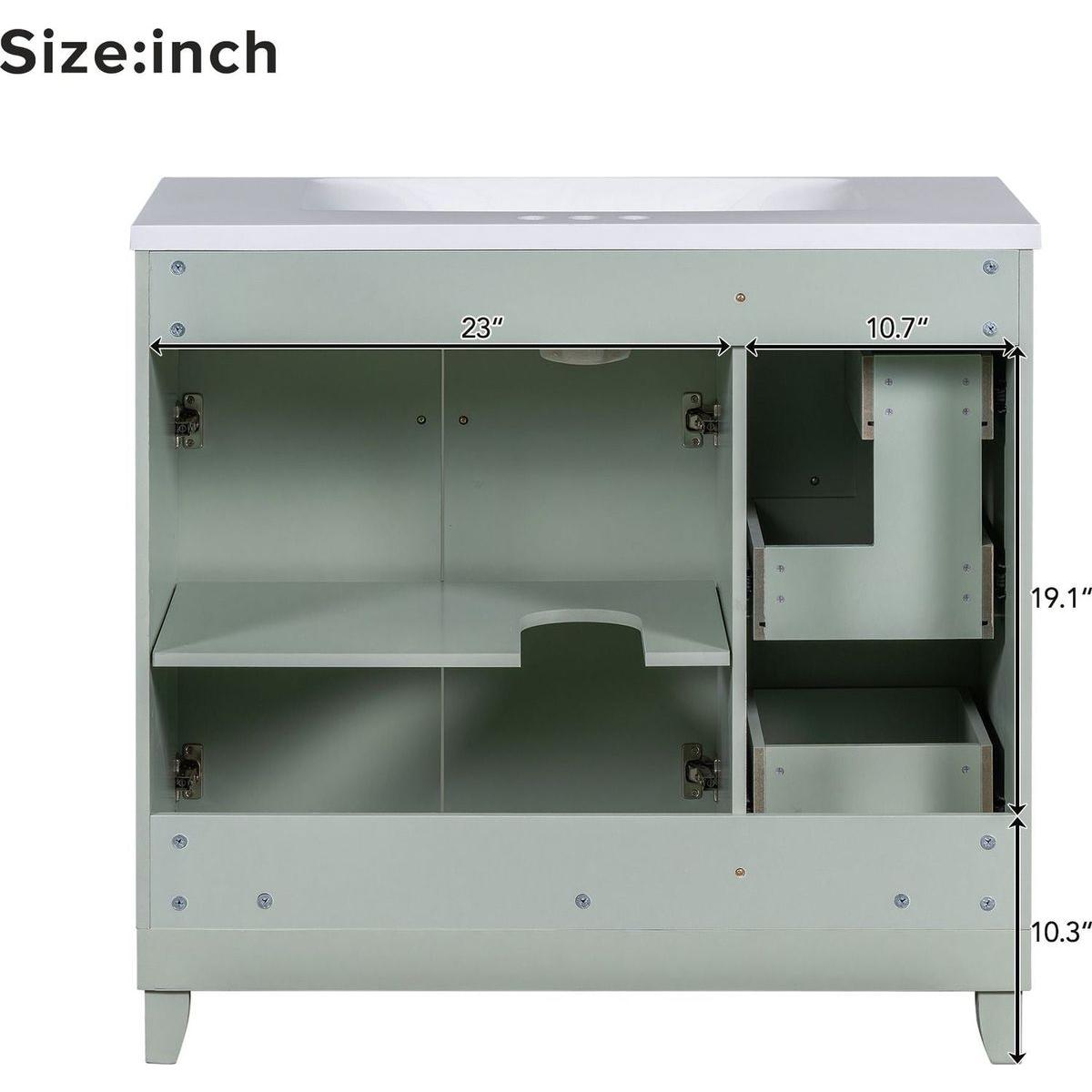 36-inch Bathroom Vanity, Transitional Style Bathroom Cabinet with Resin Sink, Green Single Bathroom Cabinet, with 2 Drawers and 1 Adjustable Storage Shelf, 2 Soft-close Doors