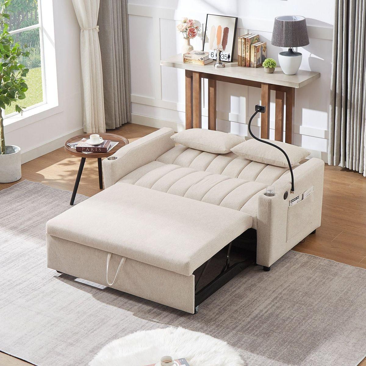 55.9" Convertible Sofa Bed Loveseat Sofa with Three USB Ports, Two Side Pockets, Two Cup Holders and 360Swivel Phone Holder for Living Room, Beige