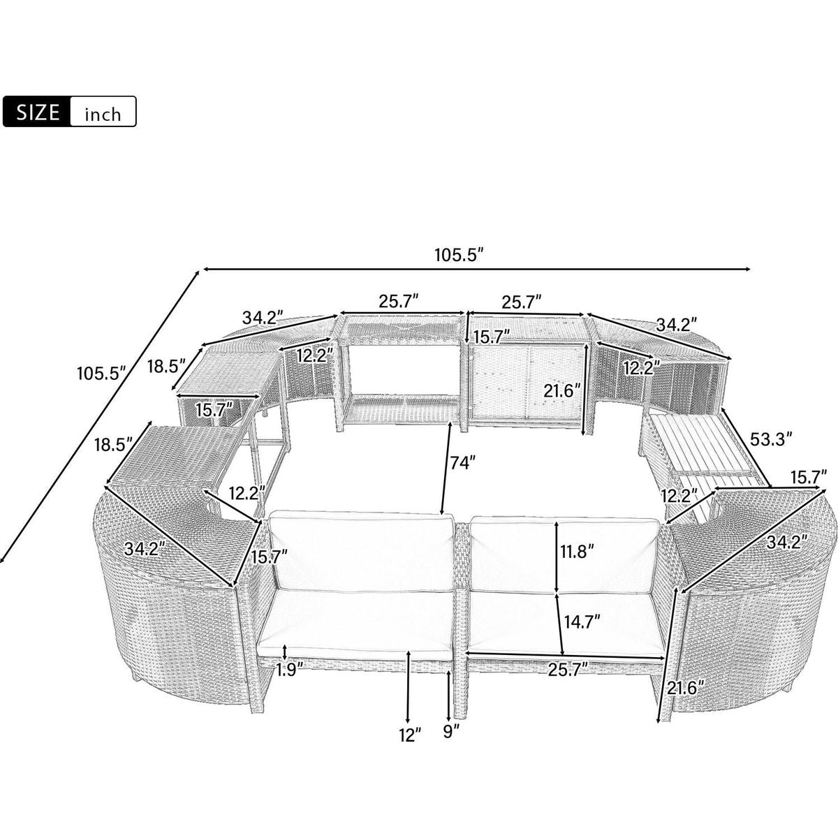 Spa Surround Spa Frame Quadrilateral Outdoor Rattan Sectional Sofa Set with Mini Sofa,Wooden Seats and Storage Spaces, Beige