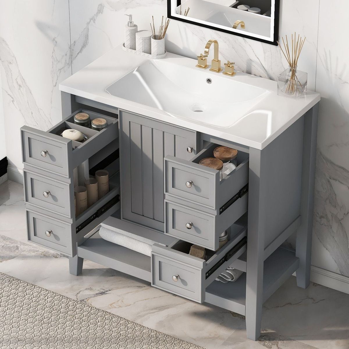 36" Bathroom Vanity with Sink Combo, One Cabinet and Three Drawers, Solid Wood and MDF Board, Grey