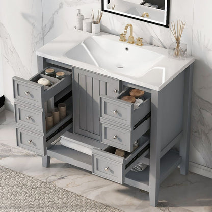 36" Bathroom Vanity with Sink Combo, One Cabinet and Three Drawers, Solid Wood and MDF Board, Grey