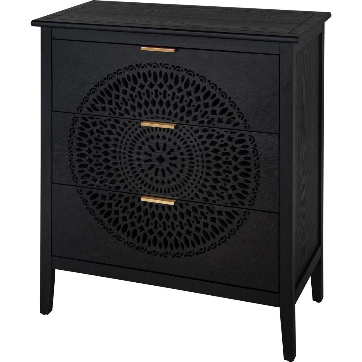 3 Drawer Cabinet with Hollow-Carved 3 Drawer Dresser Storage Chest with Metal Handles For Entryway Living Room Bedroom