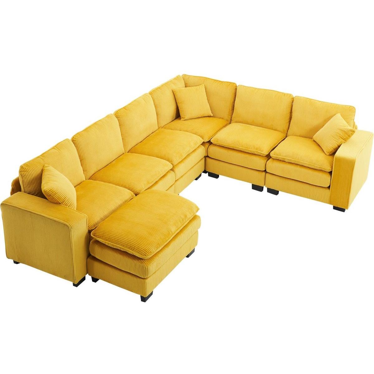 Modern U Shaped 6-seat Sectional Sofa Couch with one Ottoman and three toss pillows, Modular Sofa for Living Room,Corduroy sofa