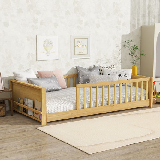 Twin size Floor Platform Bed with Built-in Book Rack,Natural(Old Sku:W504P143309)