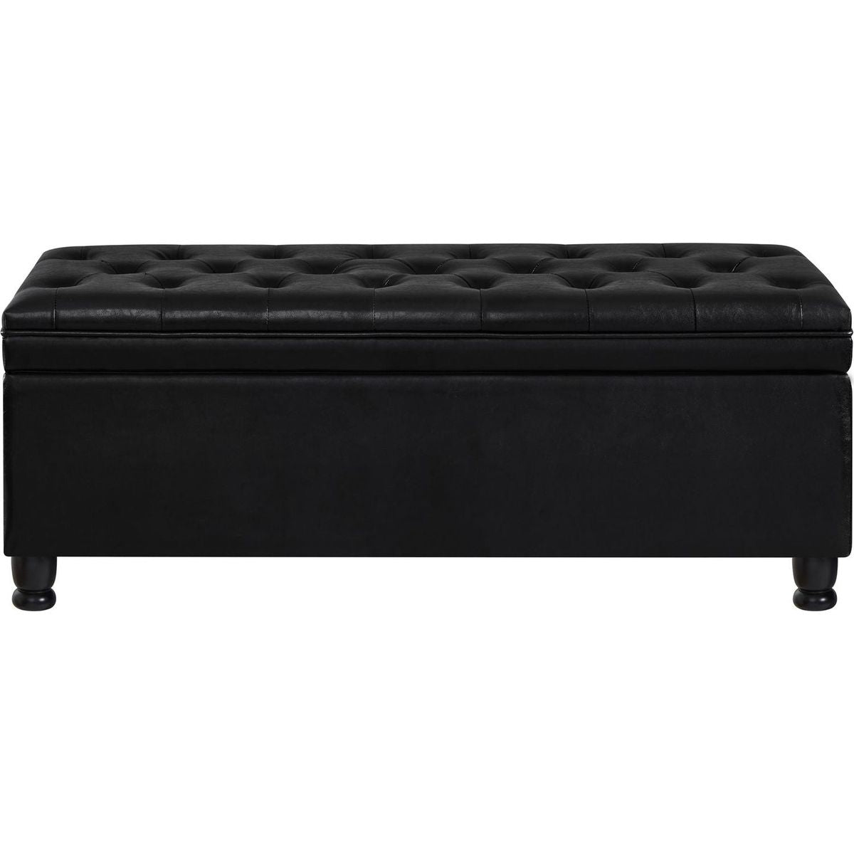 Upholstered tufted button storage bench, Faux leather entry bench with spindle wooden legs, Bed bench- Black