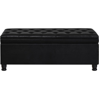 Upholstered tufted button storage bench, Faux leather entry bench with spindle wooden legs, Bed bench- Black