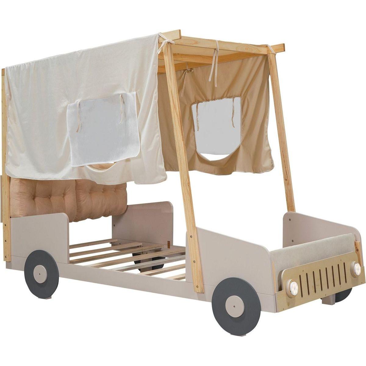 Wood Twin Size Car Bed with Pillow, Ceiling Cloth and LED, Natural