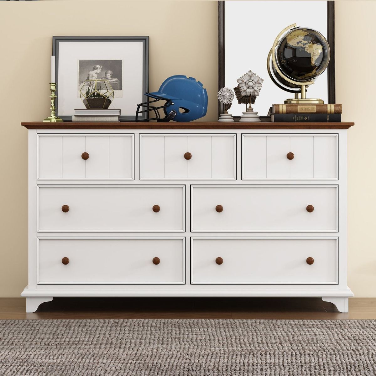 3 Pieces Wooden Captain Bedroom Set Full Bed with Trundle, Nightstand and Dresser, White + Walnut