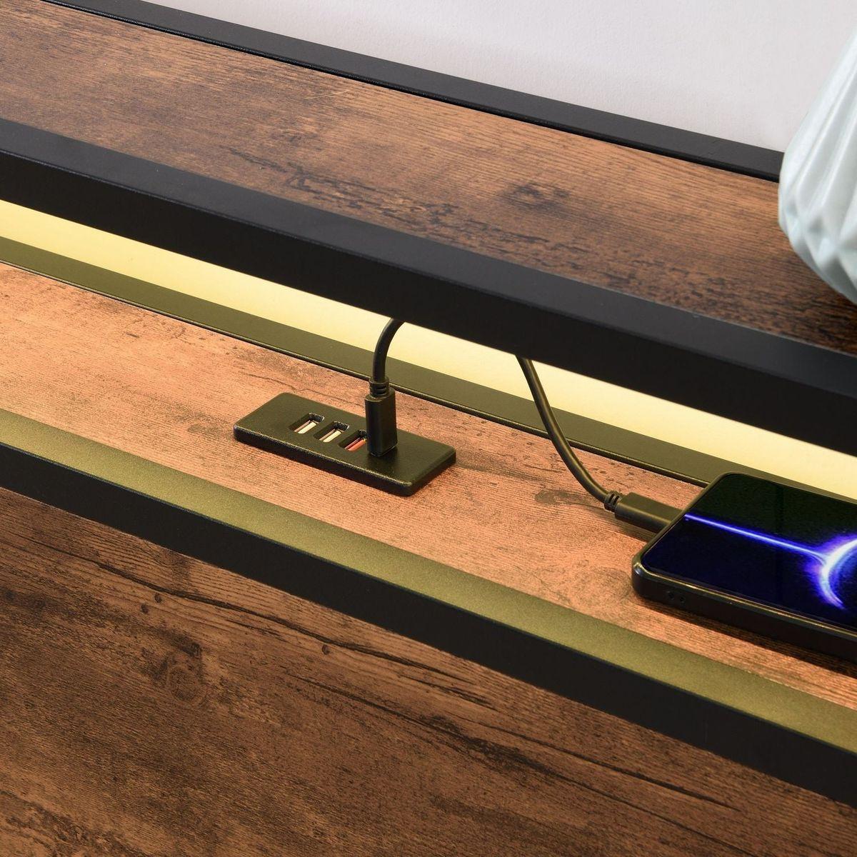 Lift-up Storage Bed Frame, Full Size Bed Frame with Bookcase Headboard & LED Lights, Wooden Platform Bed Frame with Charging Station, No Spring Box Needed, Rustic Brown