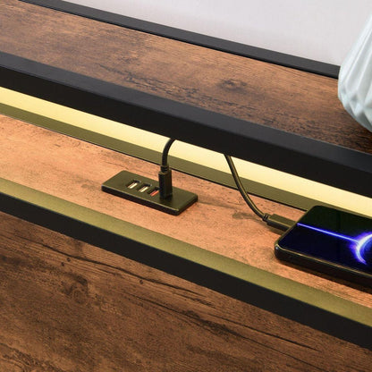 Lift-up Storage Bed Frame, Full Size Bed Frame with Bookcase Headboard & LED Lights, Wooden Platform Bed Frame with Charging Station, No Spring Box Needed, Rustic Brown