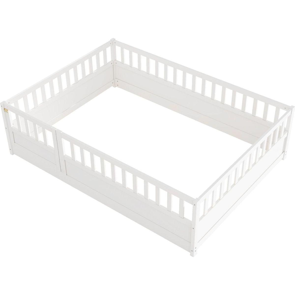 Full size Floor bed, integral construction with super high security barrier, door, children's floor bed frame, Montessori wooden children's floor bed, white - Streamdale Furniture