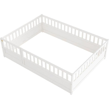 Full size Floor bed, integral construction with super high security barrier, door, children's floor bed frame, Montessori wooden children's floor bed, white - Streamdale Furniture