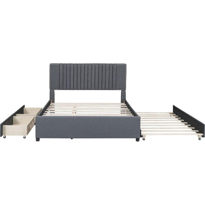 Queen Size Upholstered Platform Bed with 2 Drawers and 1 Twin XL Trundle, Classic Headboard Design, Gray