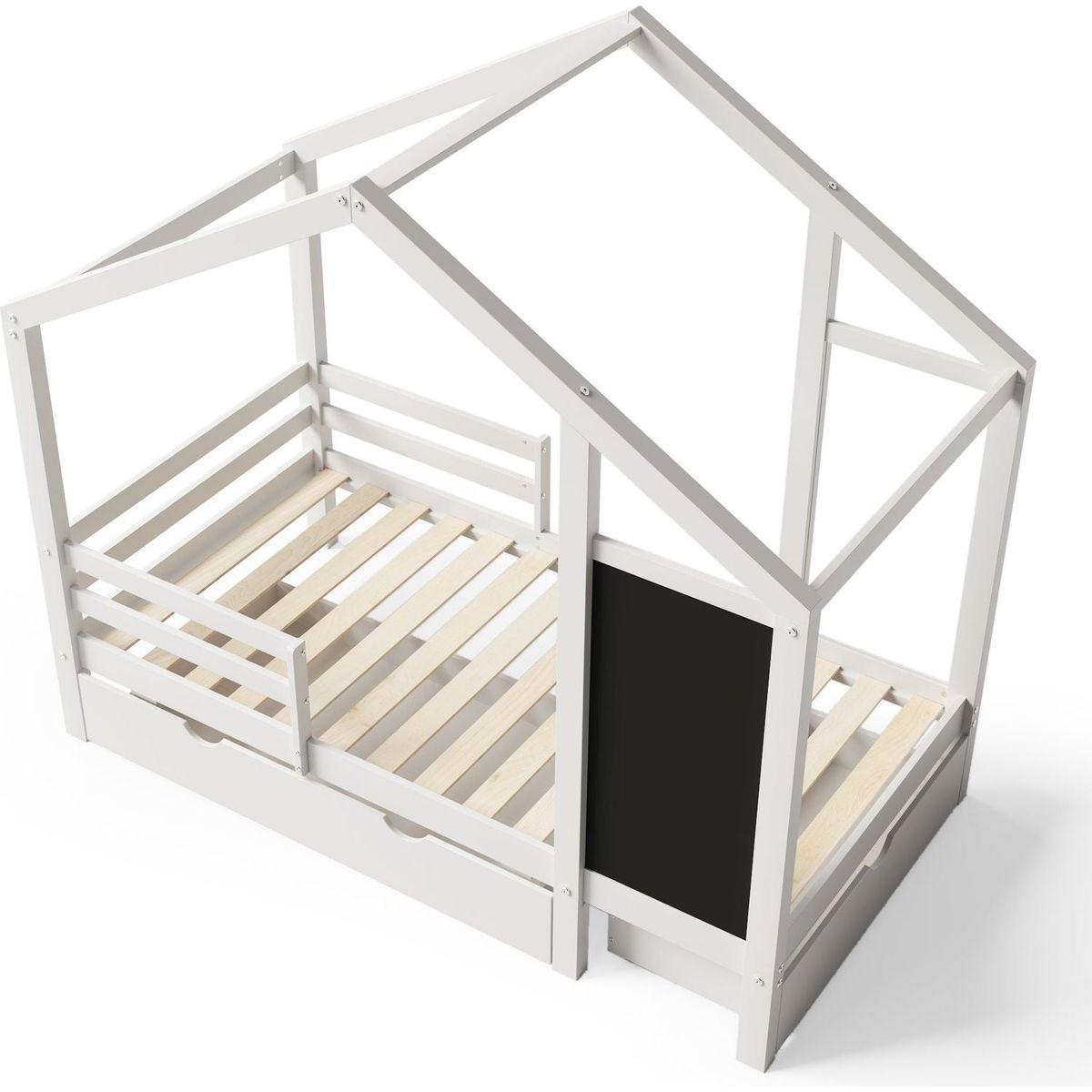Twin House Bed with Blackboard and Drawers, Two assembly options, White