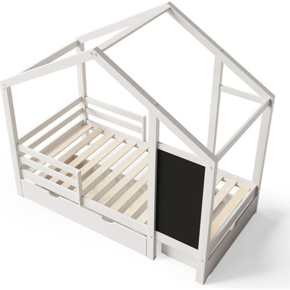 Twin House Bed with Blackboard and Drawers, Two assembly options, White