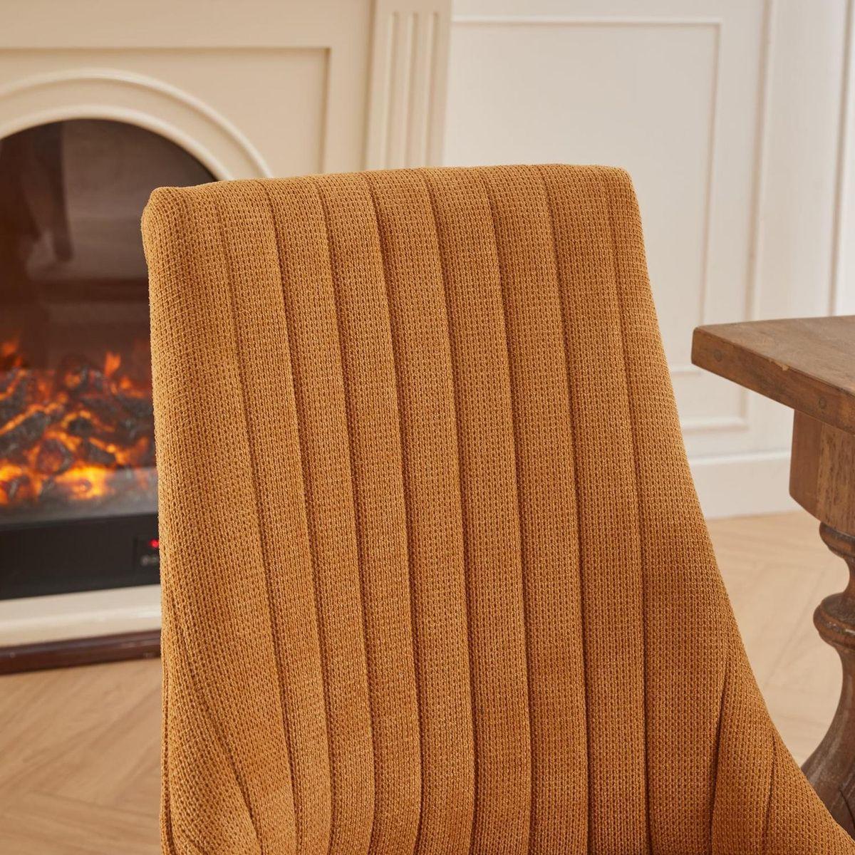 Rayon Cloth Flocking Linen Dining Chairs Channel Kitchen Dinner Chair Comfy Fabric Upholstered Accent Chair for Dining Room with Curved Solid Wood Legs,Set of 2 (Gold)