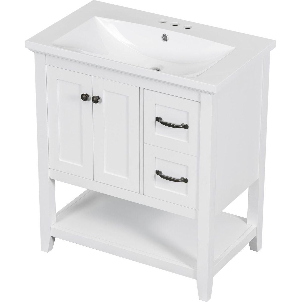 30" Bathroom Vanity with Ceramic Sink Top, Vanity Cabinet with Multi-Functional Drawer, Solid Wood Legs, White