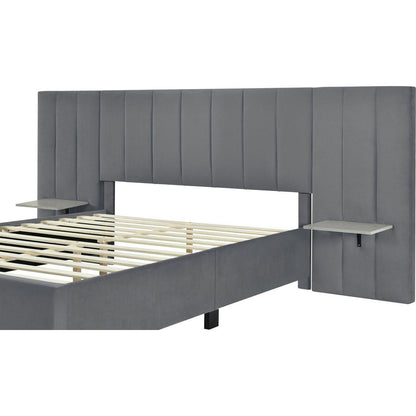 Queen Size Upholstered Platform Bed with Big Headboard, Bedroom Furniture, Velvet, Gray