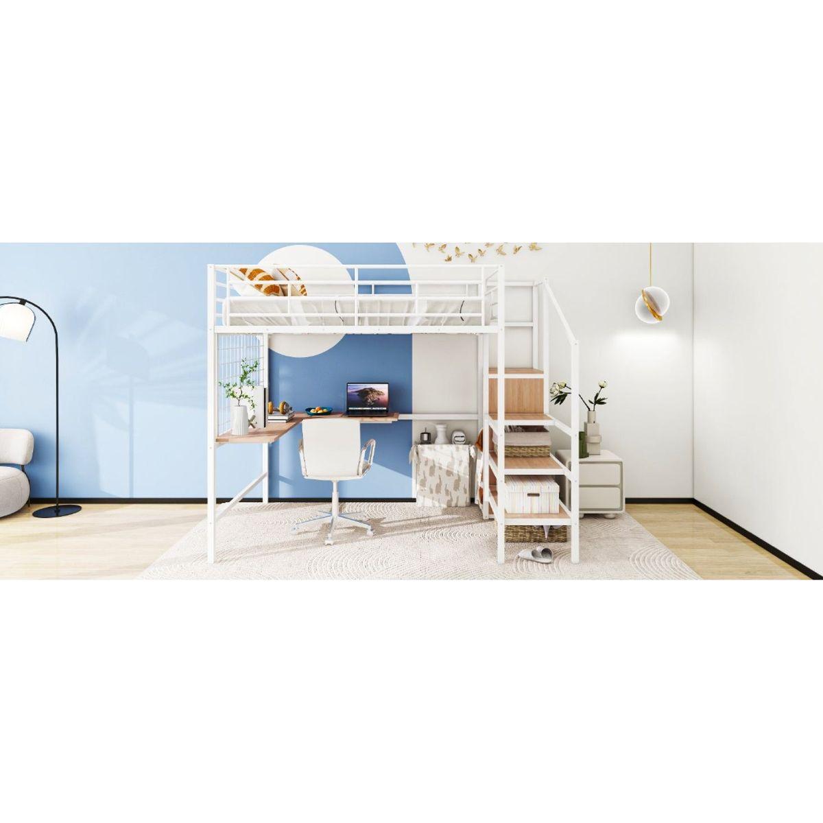 Full Size Metal Loft Bed with Desk and Metal Grid, Stylish Metal Frame Bed with Lateral Storage Ladder and Wardrobe, White