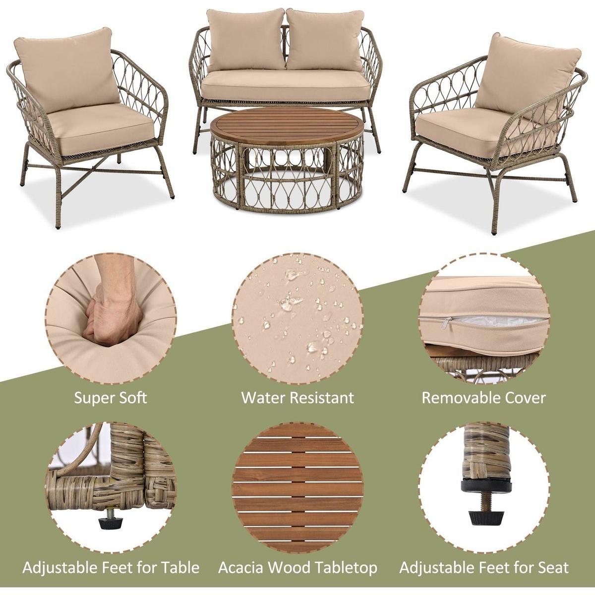 GO Bohemia-inspired 4-Person Outdoor Seating Group With Removable Cushions, Conversation Patio Set With Wood Tabletop, Beige