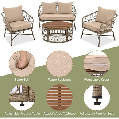 GO Bohemia-inspired 4-Person Outdoor Seating Group With Removable Cushions, Conversation Patio Set With Wood Tabletop, Beige
