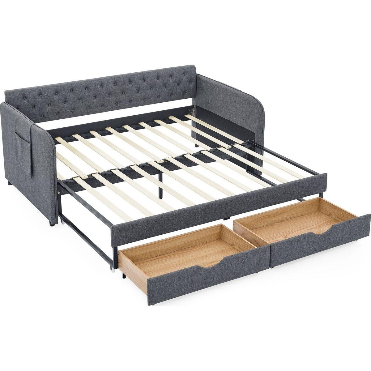 Twin Size Upholstery Daybed with Trundle Bed and Two Storage Drawers, Flat Arms with Pocket, Extendable Daybed for Bedroom Living Room,Linen Dark Gray