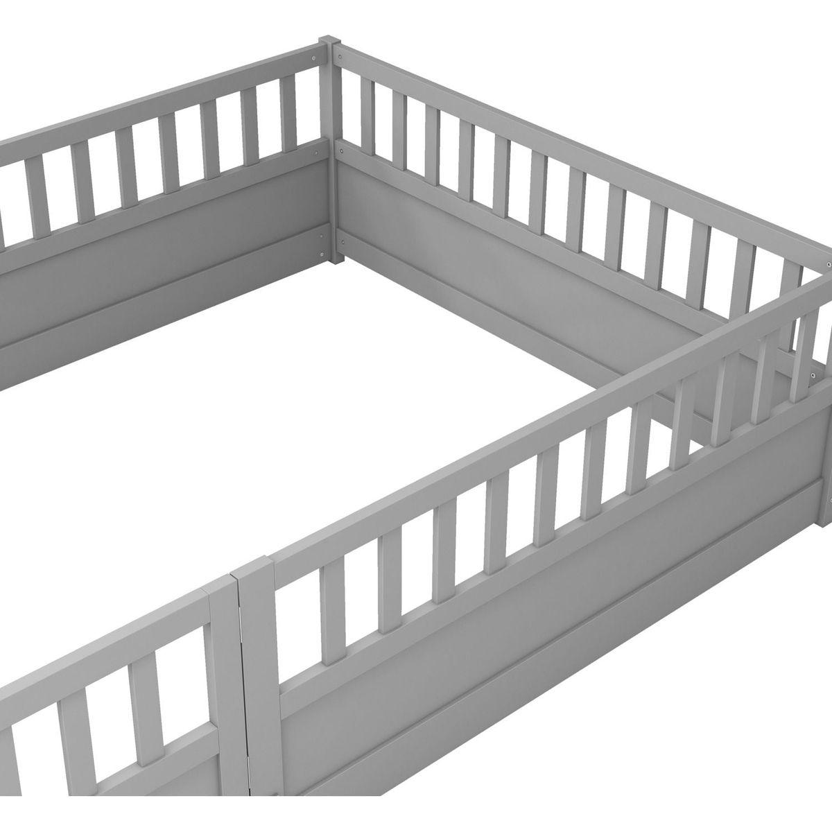 Full size Floor bed, integral construction with super high security barrier, door, children's floor bed frame, Montessori wooden children's floor bed, Grey