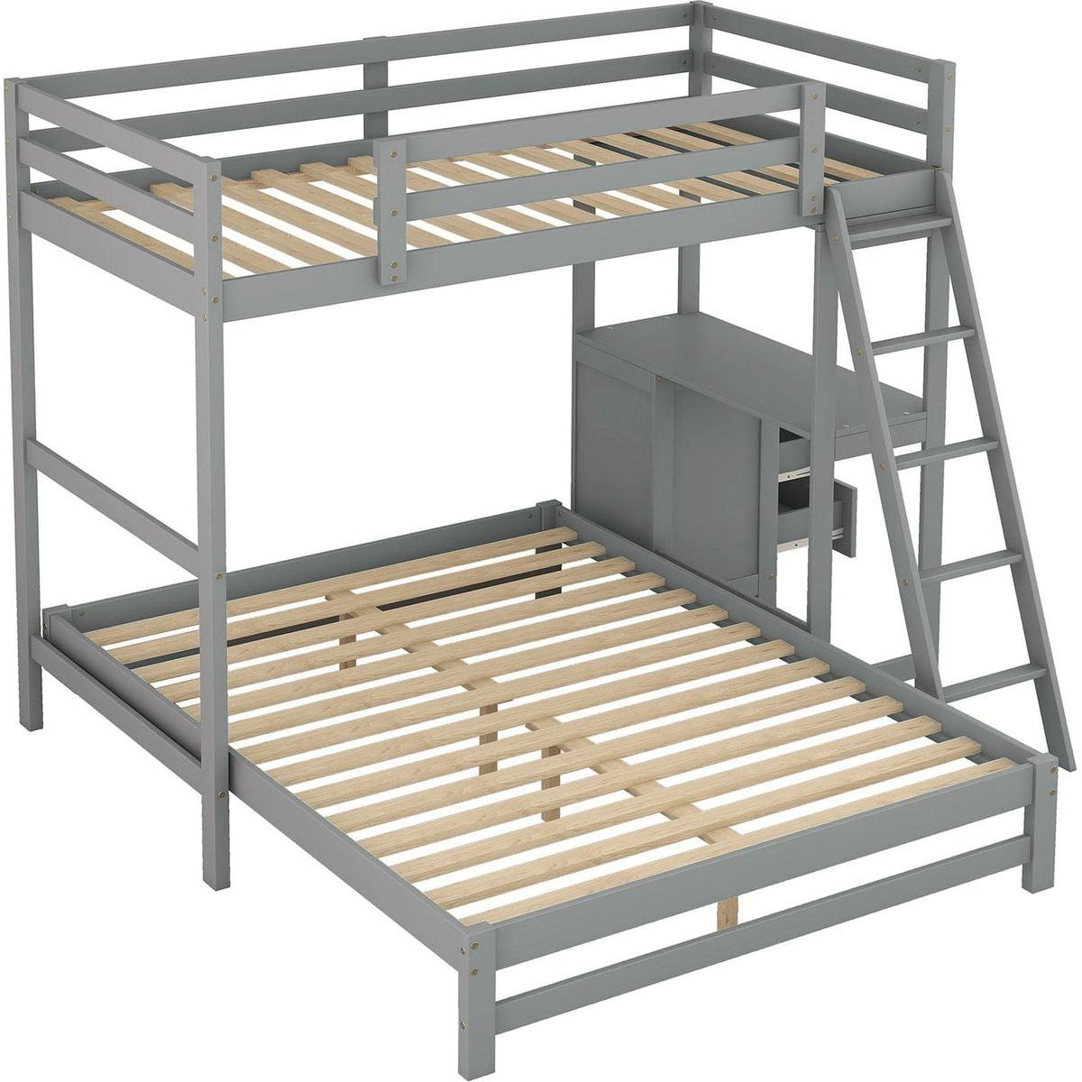 Twin over Full Bunk Bed with Built-in Desk and Three Drawers,Grey