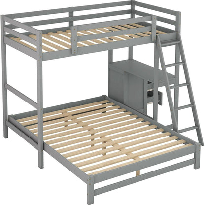 Twin over Full Bunk Bed with Built-in Desk and Three Drawers,Grey