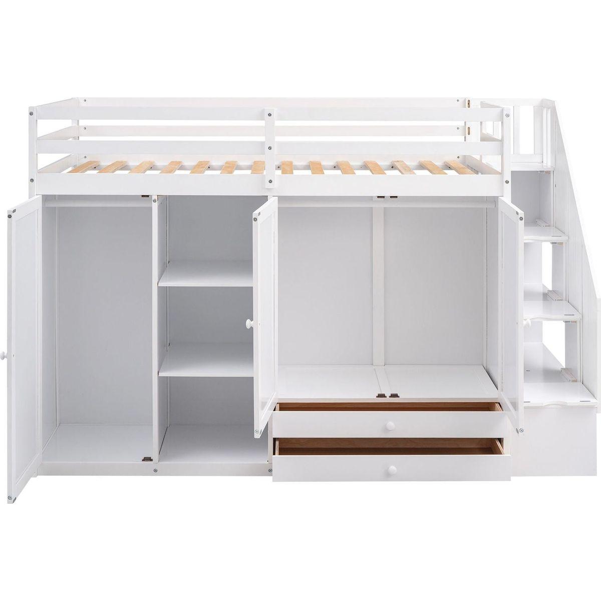 Functional Loft Bed with 3 Shelves, 2 Wardrobes and 2 Drawers, Ladder with Storage, No Box Spring Needed, White