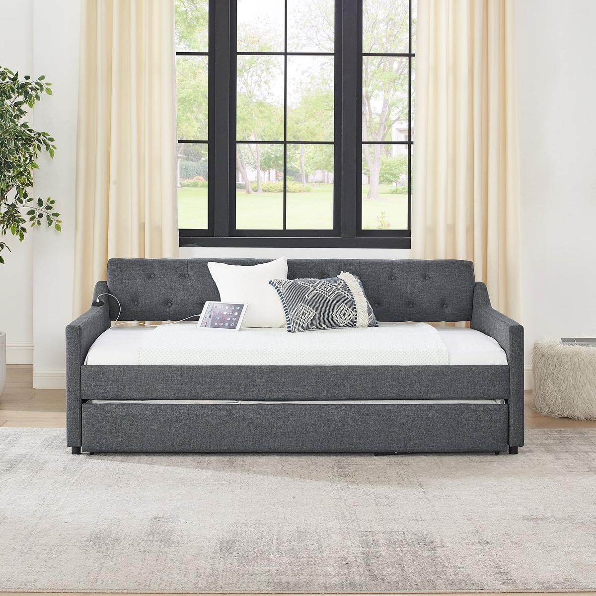 Twin Size Upholstery DayBed with Twin Size Erectable Trundle and USB Charging Design, Linen Dark Gray