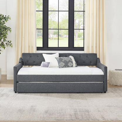 Twin Size Upholstery DayBed with Twin Size Erectable Trundle and USB Charging Design, Linen Dark Gray