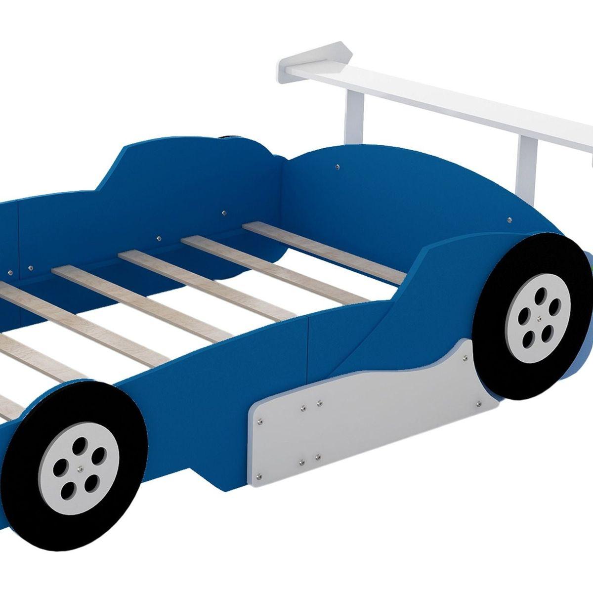 Full Size Race Car-Shaped Platform Bed with Wheels,Blue