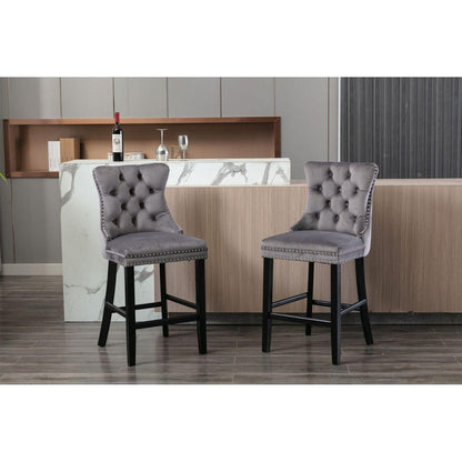 Contemporary Velvet Upholstered Barstools with Button Tufted Decoration and Wooden Legs, and Chrome Nailhead Trim, Leisure Style Bar Chairs,Bar stools, Set of 2 (Gray)