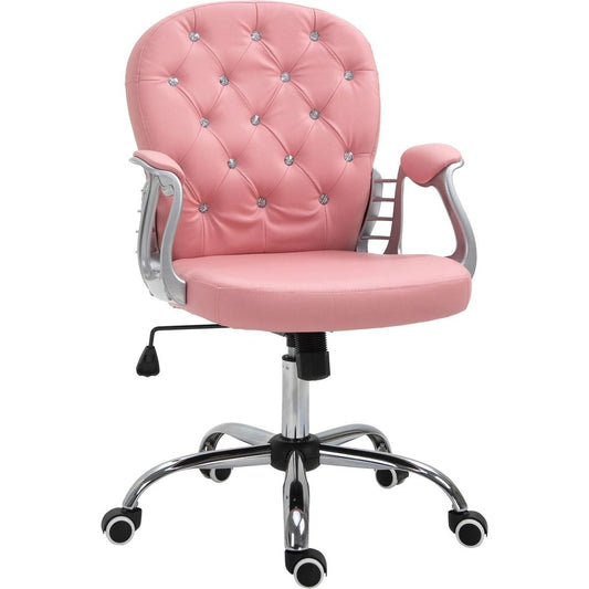 PU Leather Home Office Chair, Button Tufted Desk Chair with Padded Armrests, Adjustable Height and Swivel Wheels, Pink