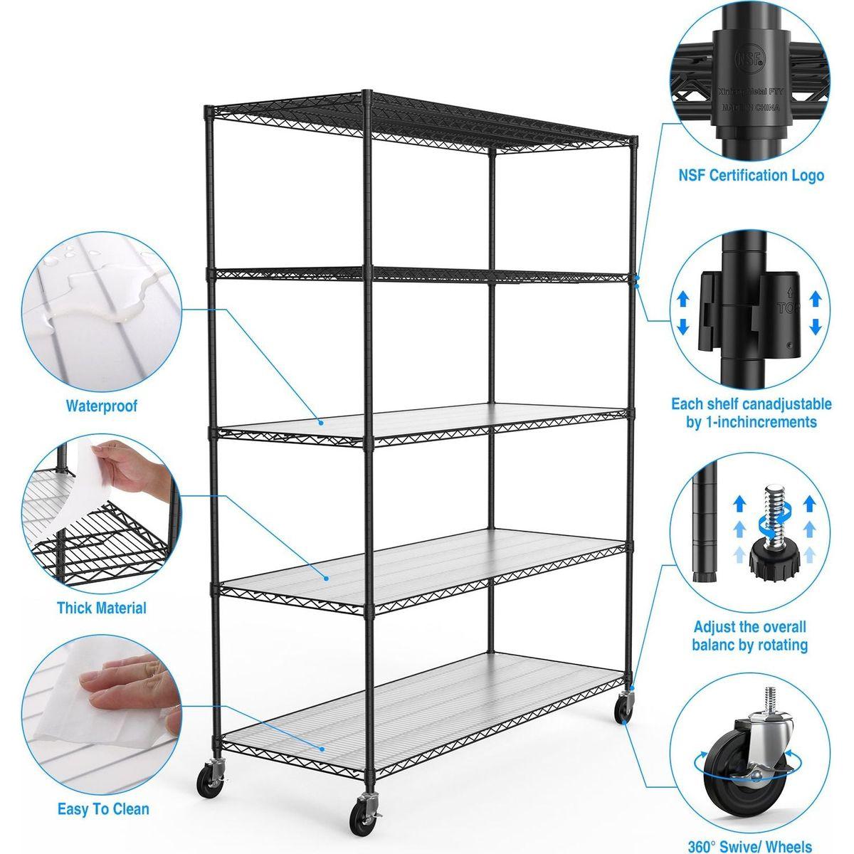 5 Tier 7500lbs Heavy Duty Adjustable Storage Rack Metal Shelf Wire Shelving Unit with Wheels & Shelf Liners - 82" H x 60" L x 24" D - Black