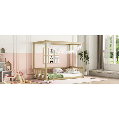 Twin Size Canopy Frame Floor Bed with Fence, Guardrails,Natural
