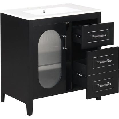 30" Bathroom Vanity with Sink, Bathroom Vanity Cabinet with Two Drawers and Door, Adjustable Shelf, Solid Wood and MDF, Black