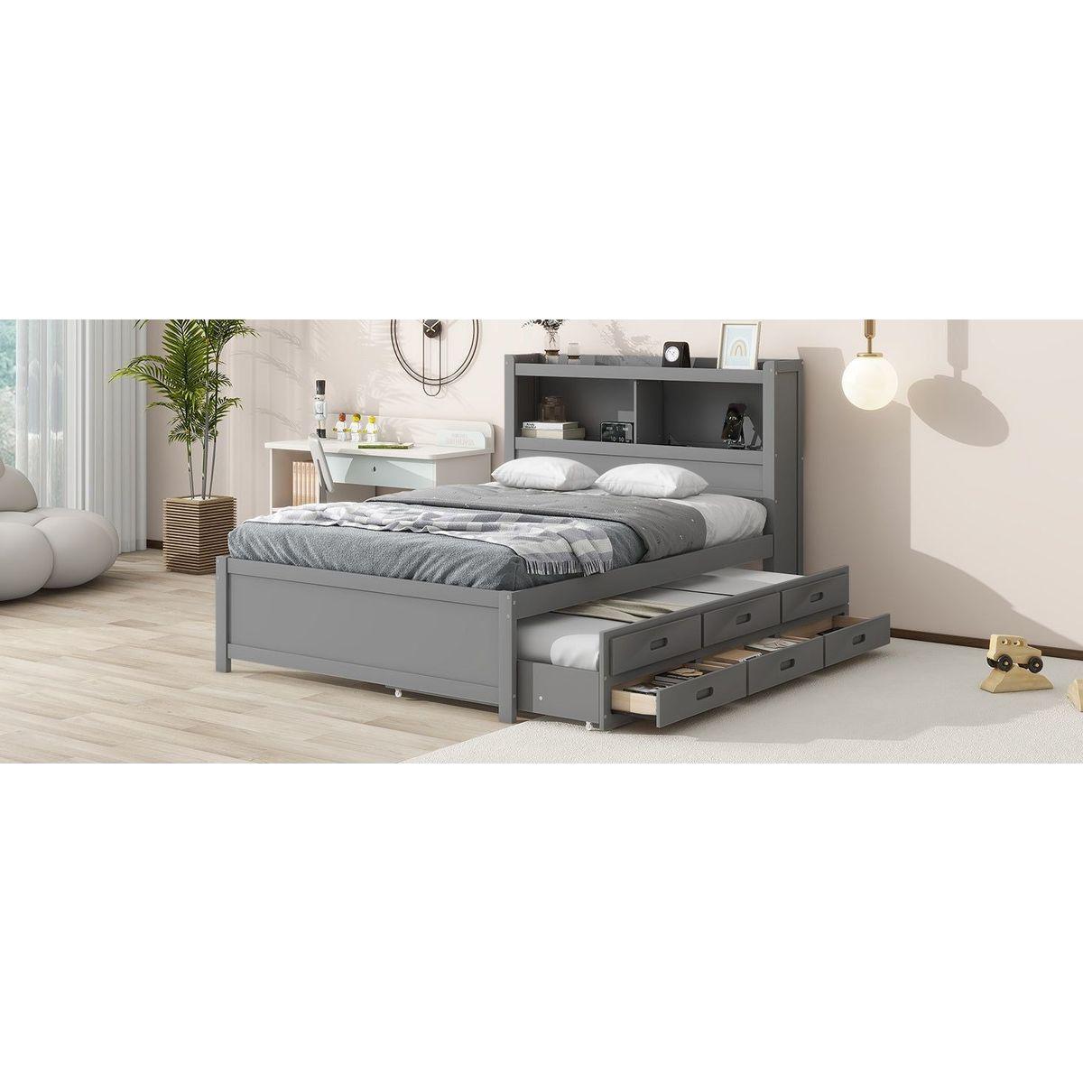 Full Size platform bed with trundle, drawers and USB plugs, Gray