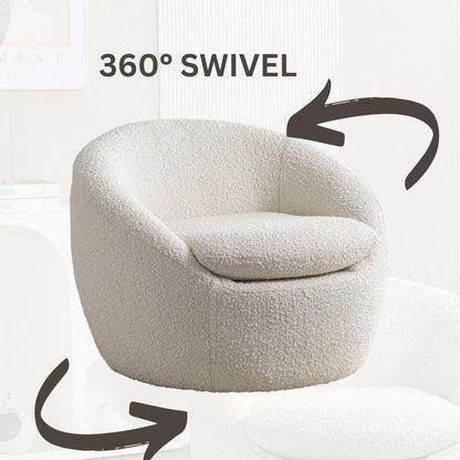 Winnie Modern Teddy Boucle Fabric Barrel Chair, 360 Swivel, White