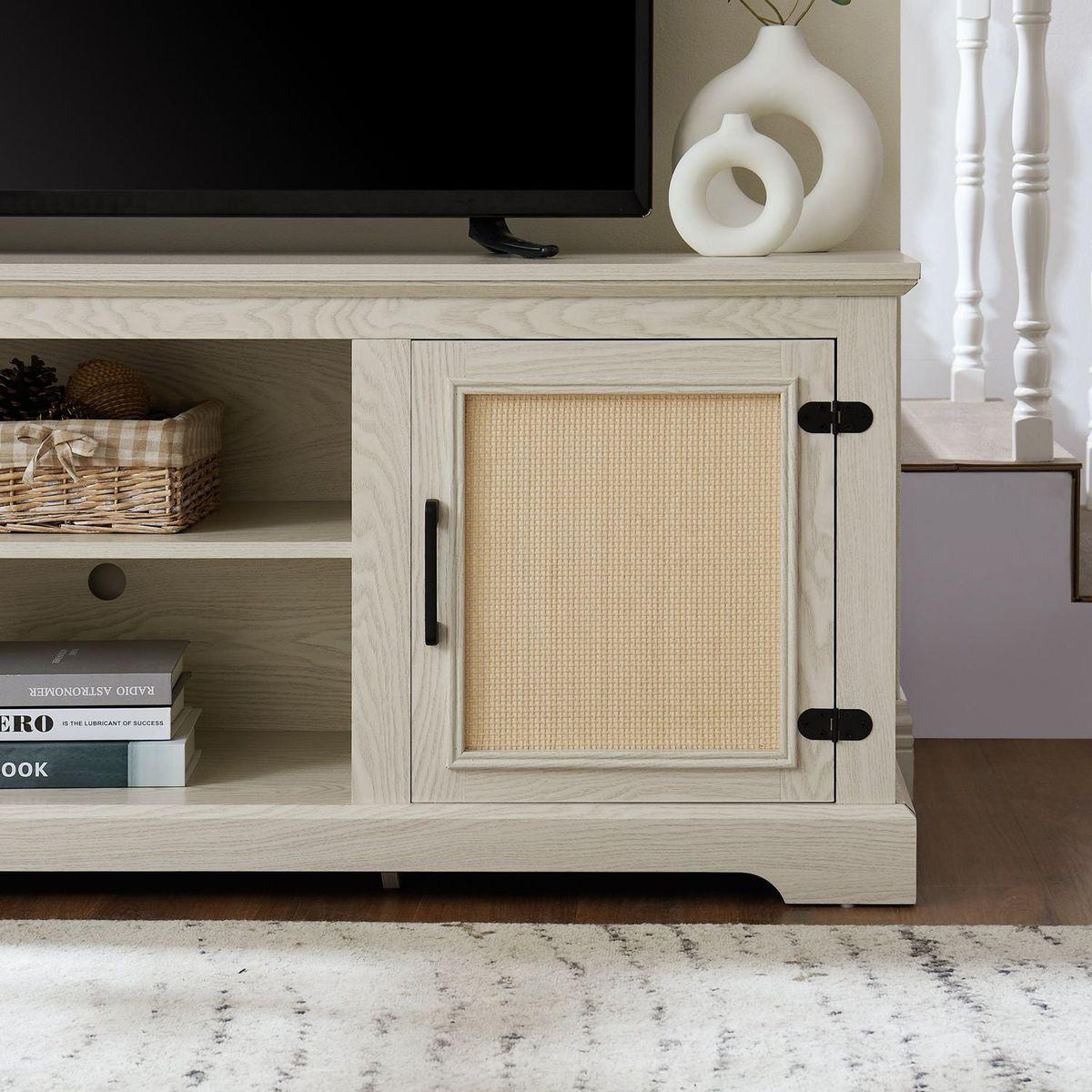Farmhouse Rattan TV Stand Console Table for TVs up to 70 Inches, TV Console Table with 2 Storage Shelves, 2 Natural Rattan Door Cabinets,65"Wx15.55"Dx23.86"H, White