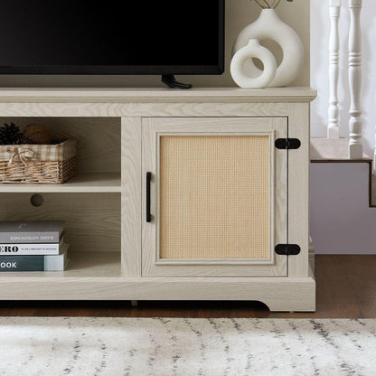 Farmhouse Rattan TV Stand Console Table for TVs up to 70 Inches, TV Console Table with 2 Storage Shelves, 2 Natural Rattan Door Cabinets,65"Wx15.55"Dx23.86"H, White