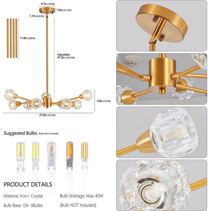 Modern Crystal Chandeliers, 9 Lights Golden Chandelier for Living Room Bedroom, Dining Room Chandelier Over Table, Kitchen Light Fixtures(Bulbs Not Included)