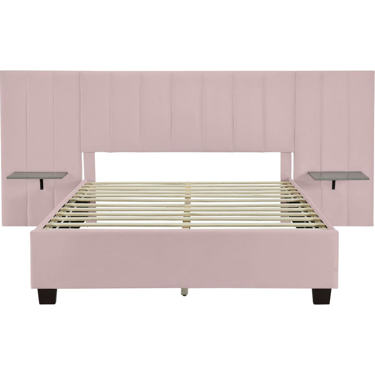 Queen Size Upholstered Platform Bed with Big Headboard, Bedroom Furniture, Velvet, Pink