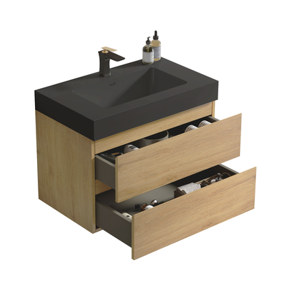 U091-Alice30W-106 Alice 30" Natural Oak Bathroom Vanity with Sink, Large Storage Wall Mounted Floating Bathroom Vanity for Modern Bathroom, One-Piece Black Sink Basin WITHOUT Drain, Pre-assembled