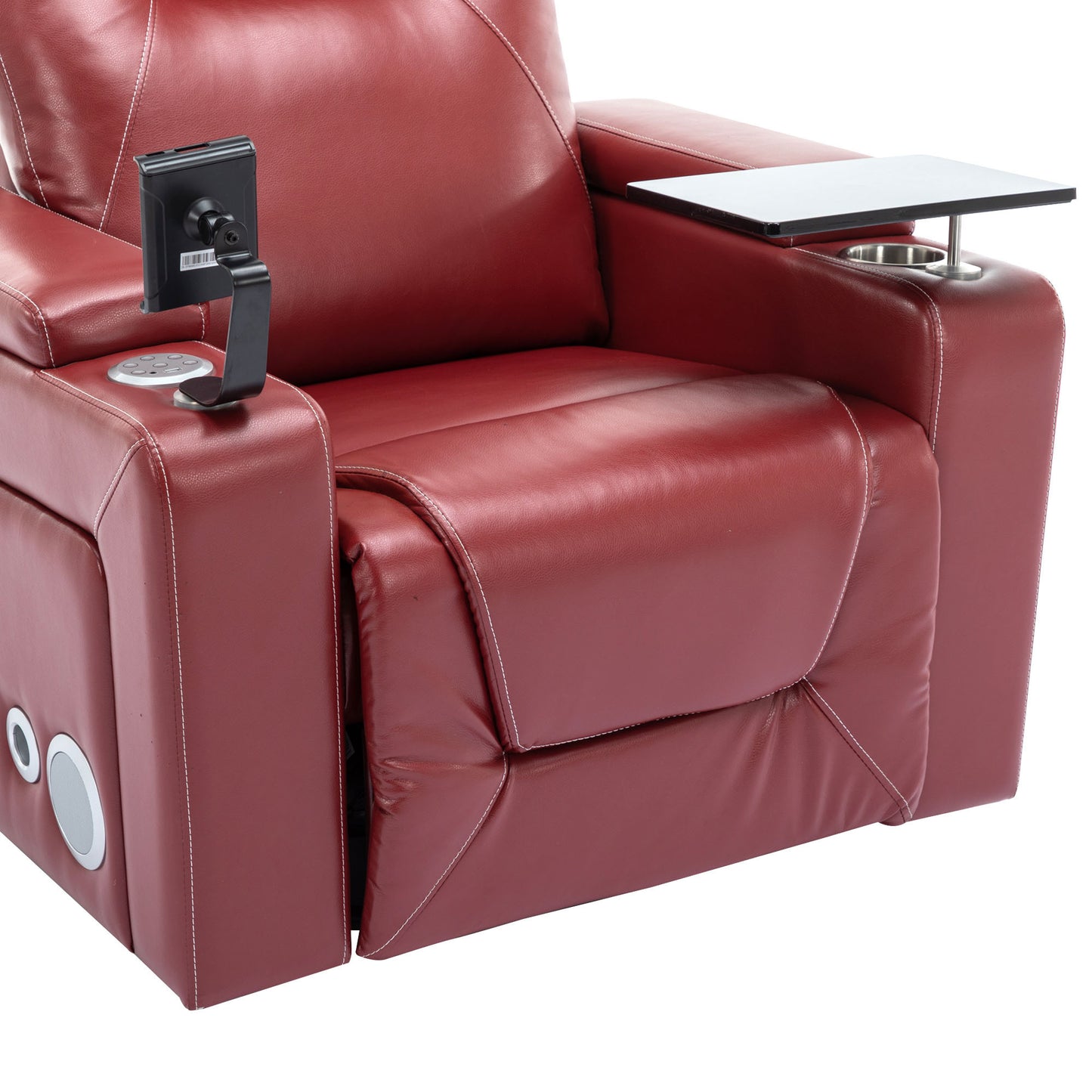 270 Degree Swivel PU Leather Power Recliner Individual Seat Home Theater Recliner with Surround Sound, Cup Holder, Removable Tray Table, Hidden Arm Storage for Living Room, Red