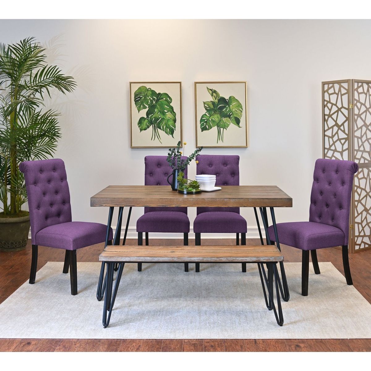 Ashford 6-Piece Dining Set, Hairpin Dining Table with 4 Chairs and Bench, 4 Color Options - Streamdale Furniture