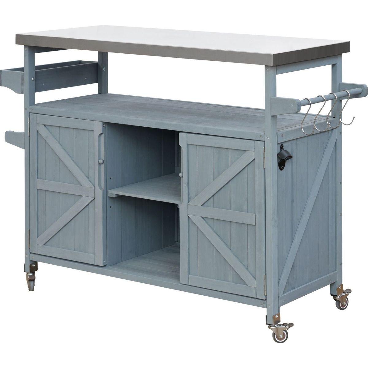 Outdoor Kitchen Island, Rolling Bar Cart & Storage Cabinet, Farmhouse Solid Wood Outdoor Grill Table with Stainless Steel Top, Spice Rack, Towel Rack for Kitchen & BBQ, Grey Blue